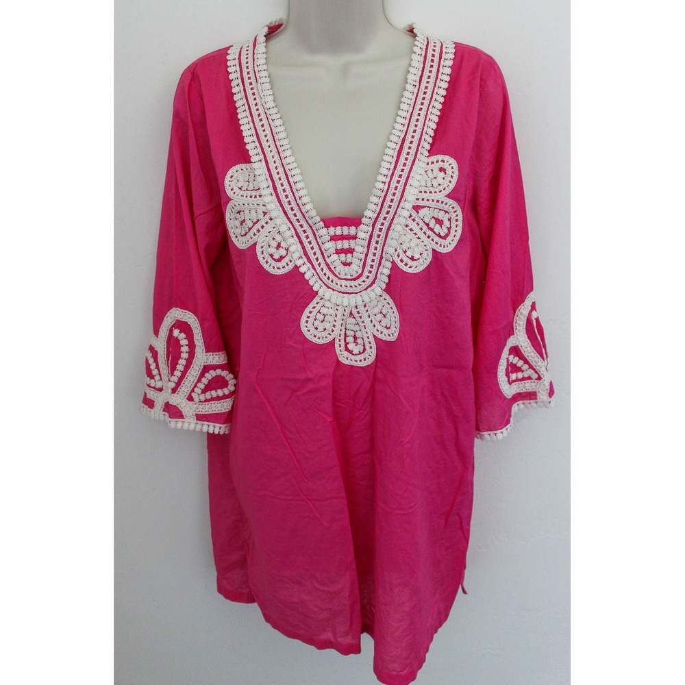 J.Crew Tunic Top Medium Pink White Crochet Lace‎ Embroidered V-Neck Boho Lounge